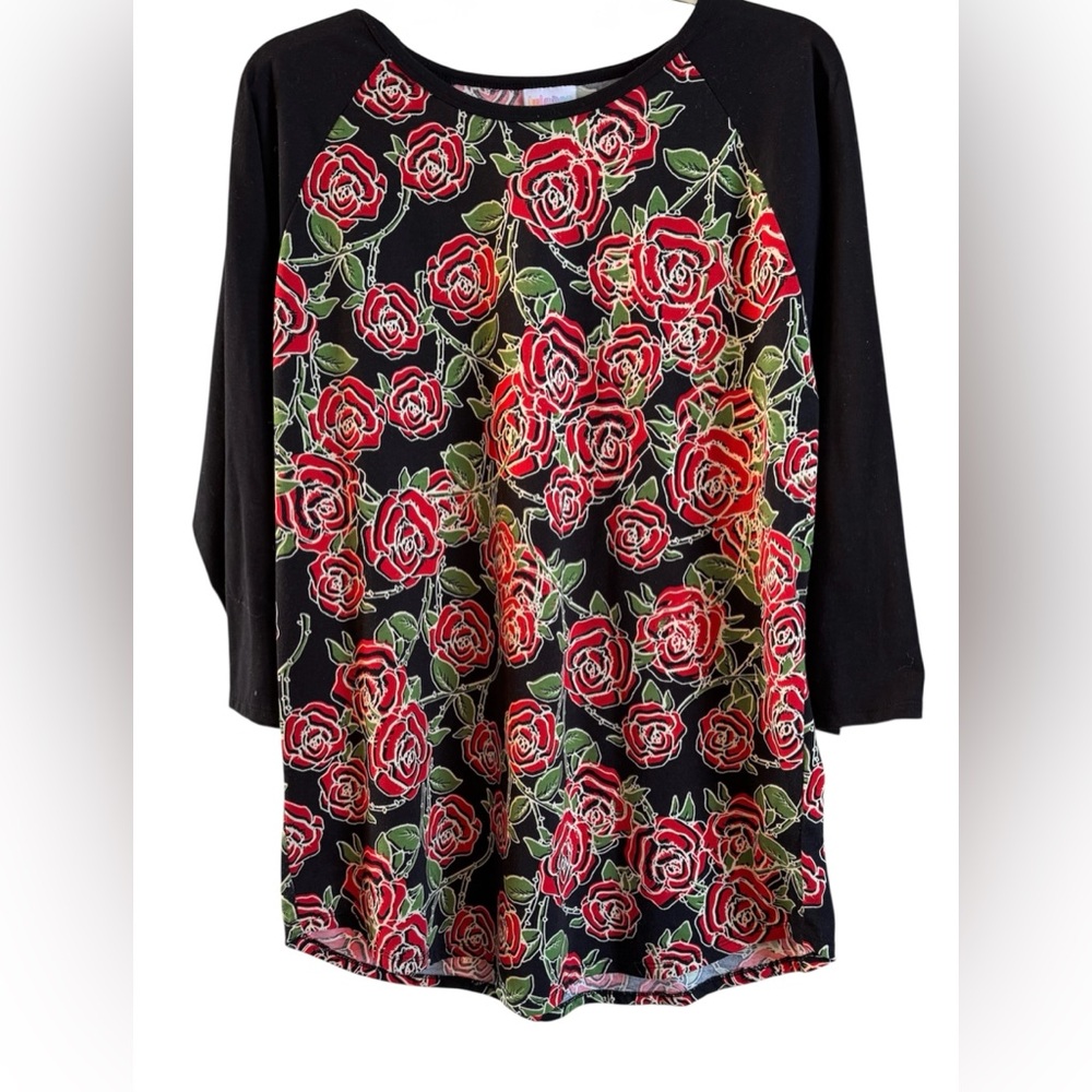 LuLaRoe Black and Red Rose Long Sleeve Top